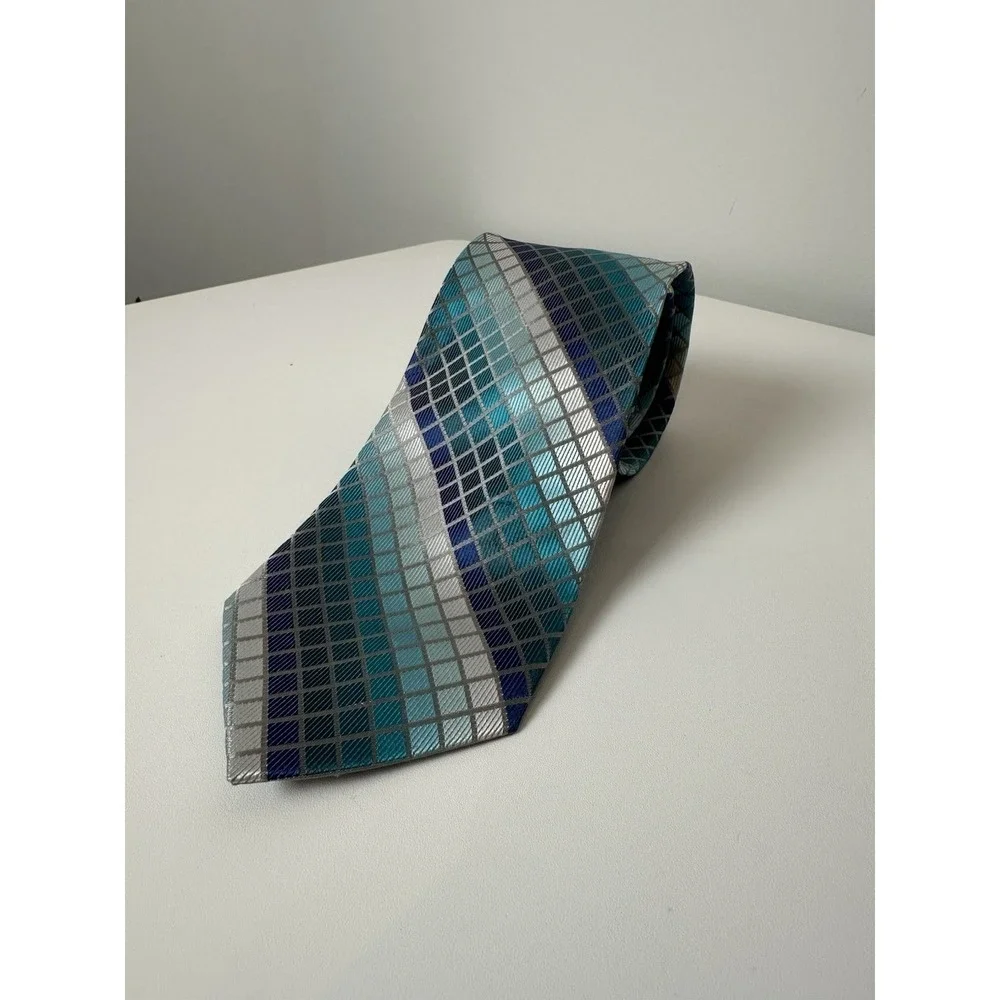 Aurelio Valentino Polyester Formal Necktie Blue Silver‎ Checker Pattern